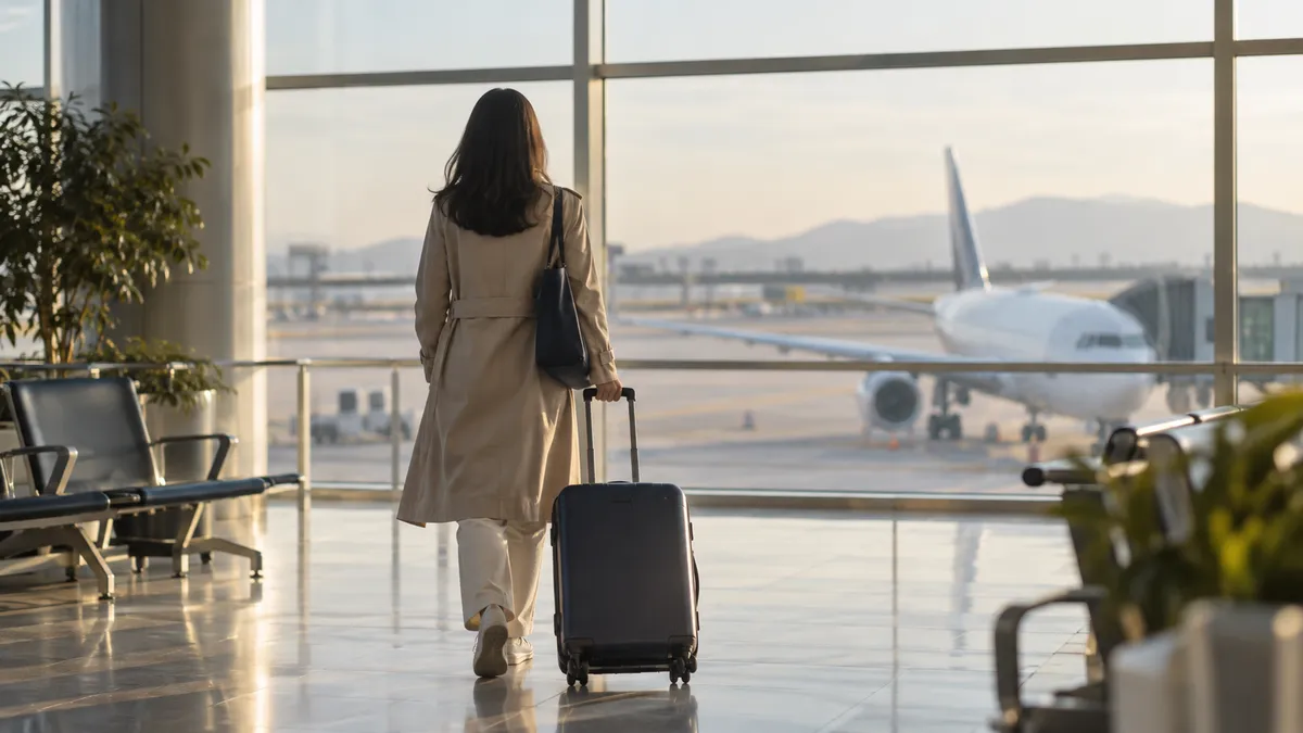 비행기가 보이는 공항 출국장에서 캐리어를 끄는 사람의 뒷모습