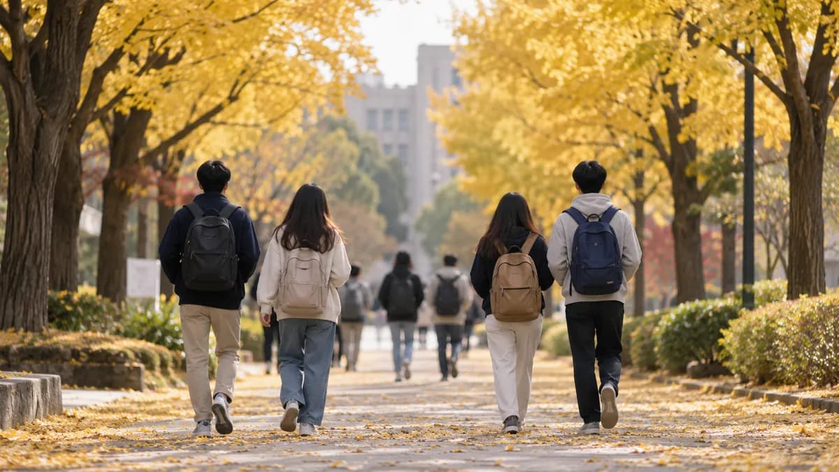노란 은행나무 길을 걷는 대학생들의 뒷모습