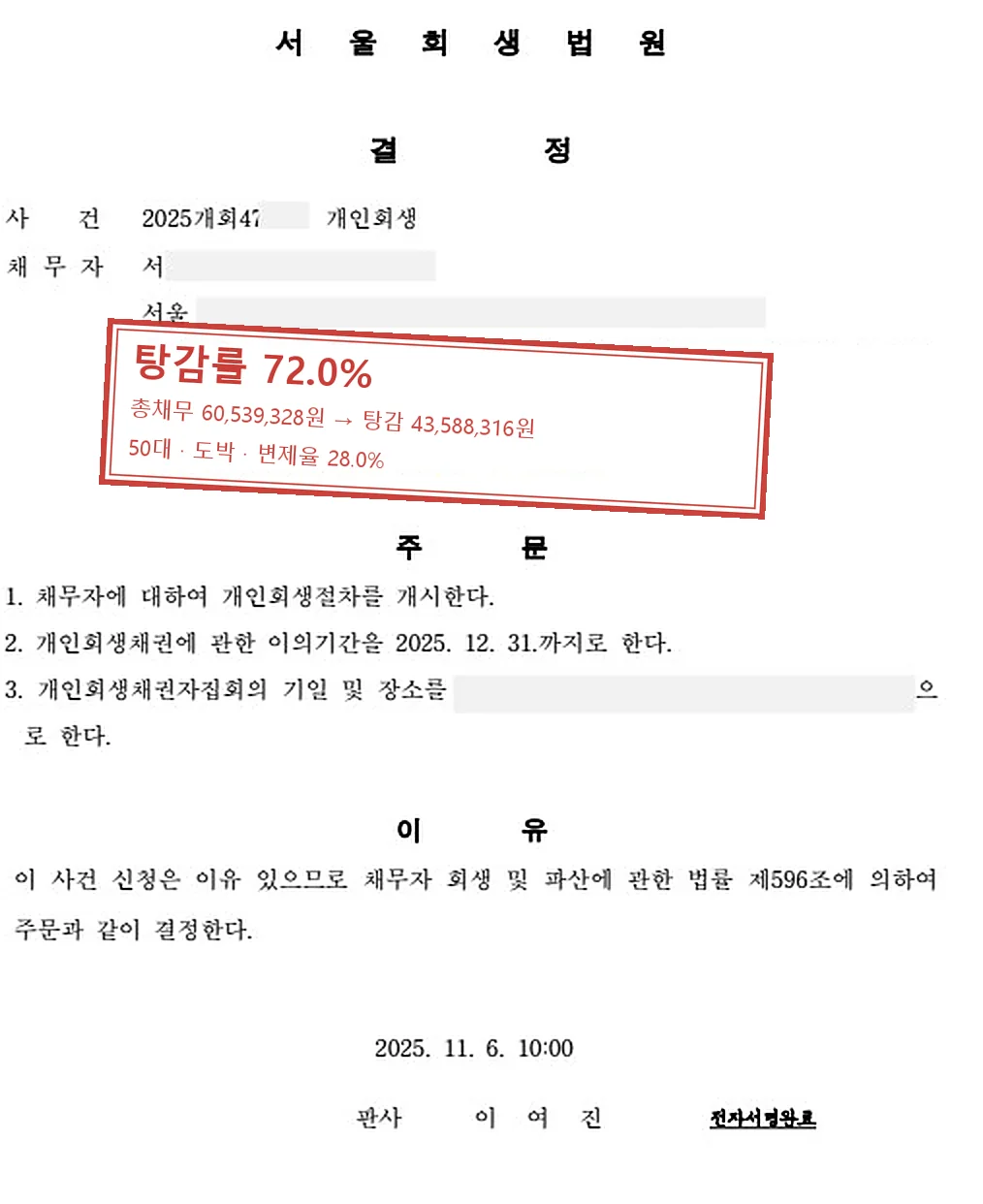 도박 개인회생 인가 사례 — 탕감률 72.0%