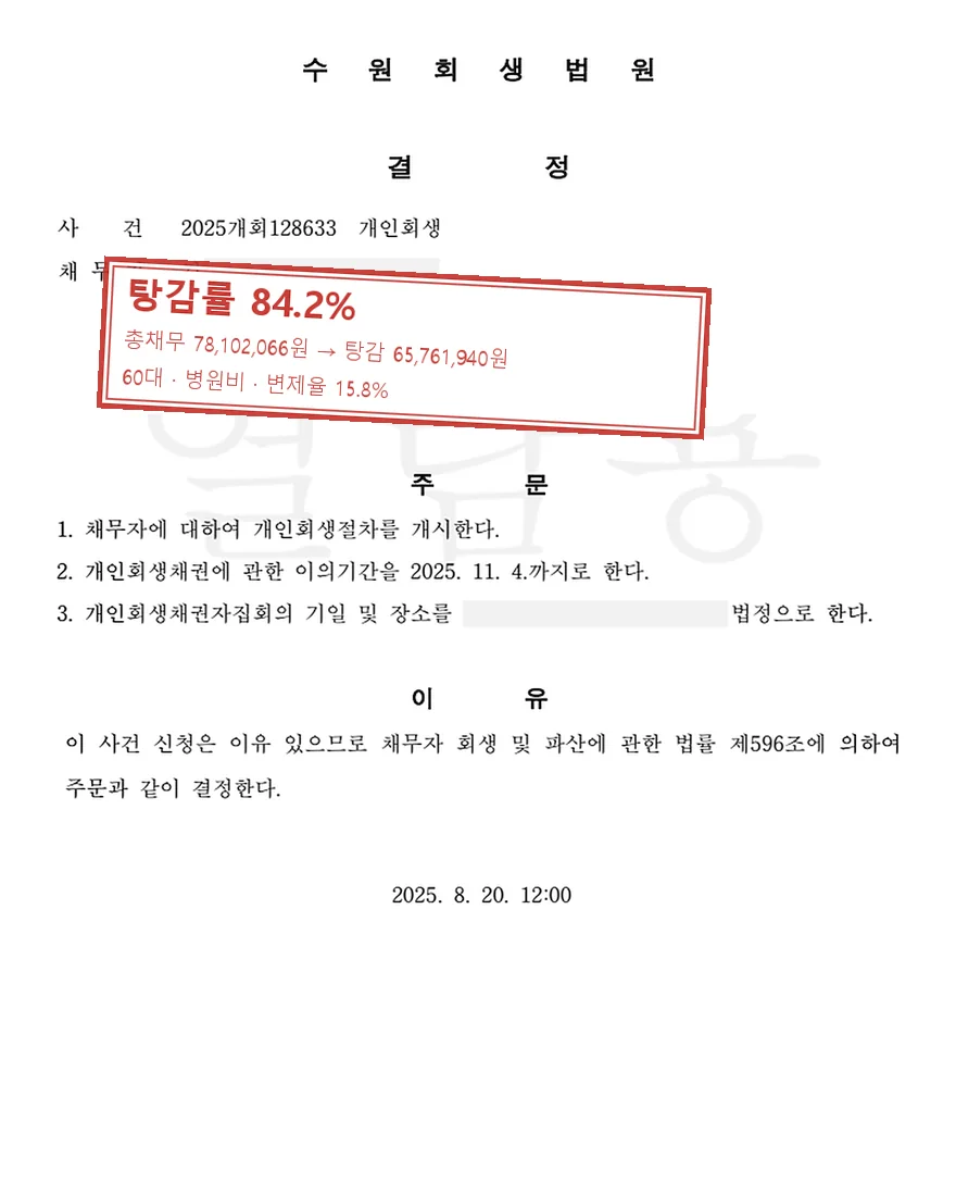 병원비 개인회생 사례, 탕감률 84.2%