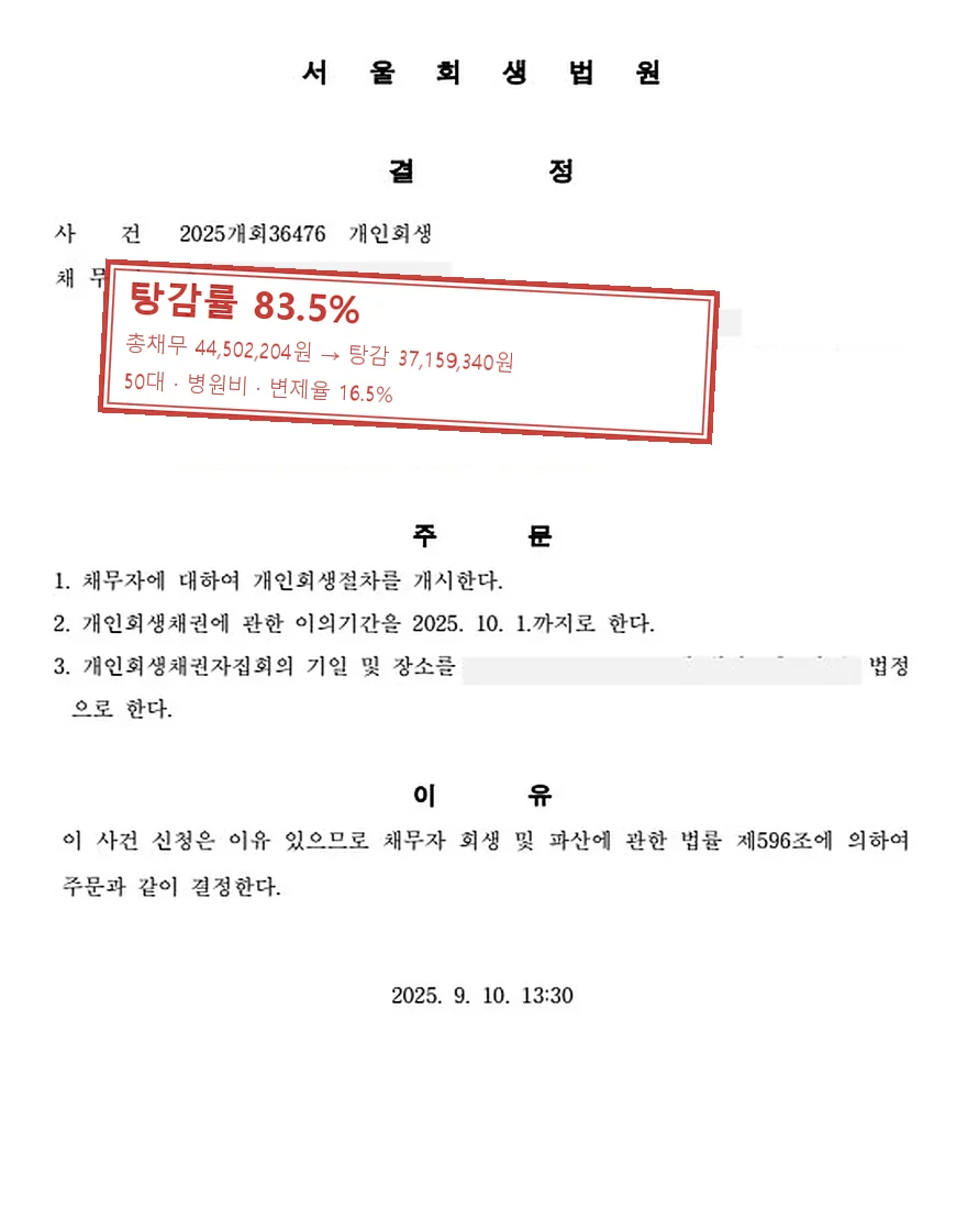 병원비 개인회생 사례, 탕감률 83.5%