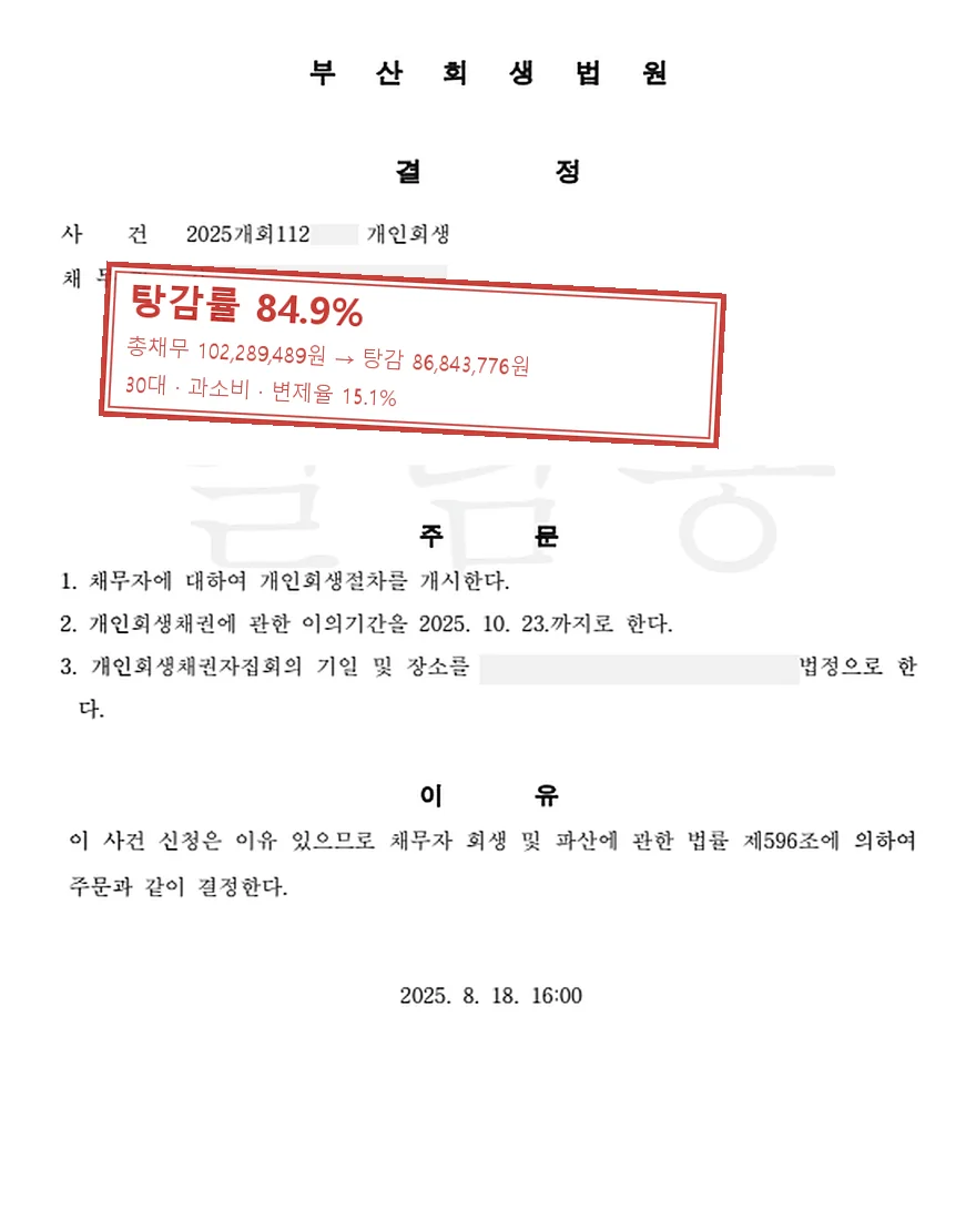 과소비 개인회생 사례, 탕감률 84.9%
