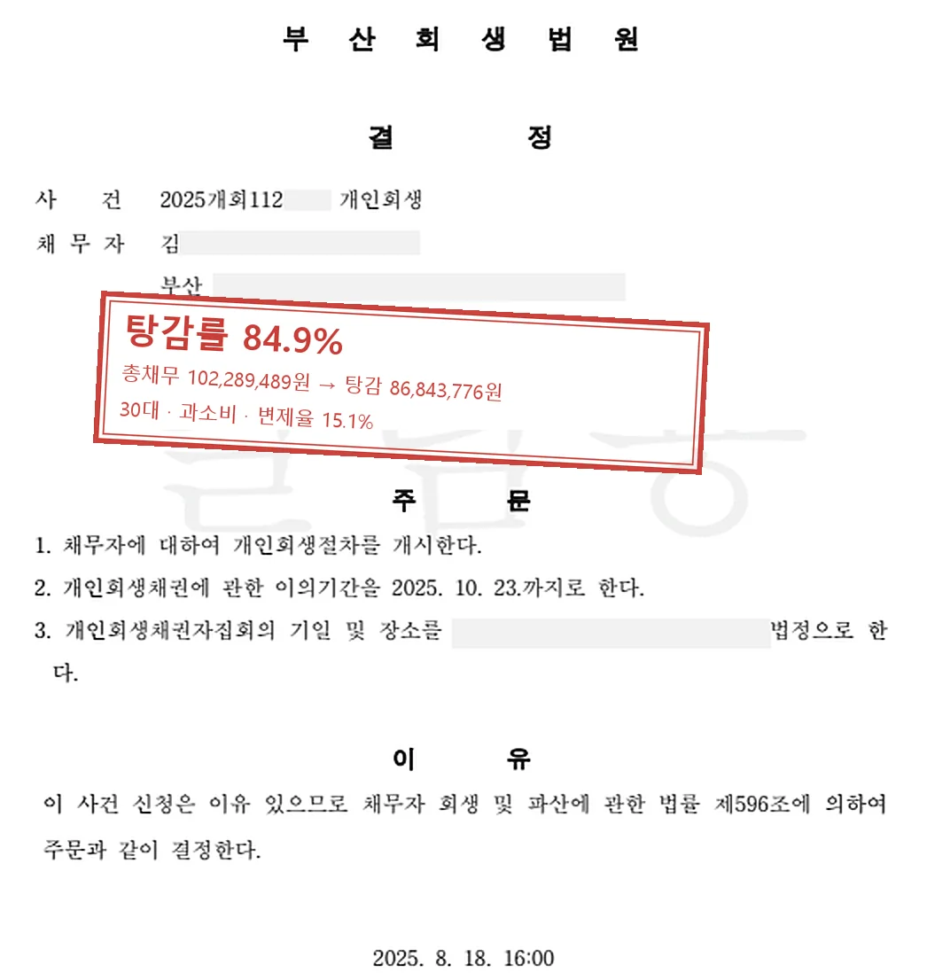 과소비 개인회생 인가 사례 — 탕감률 84.9%