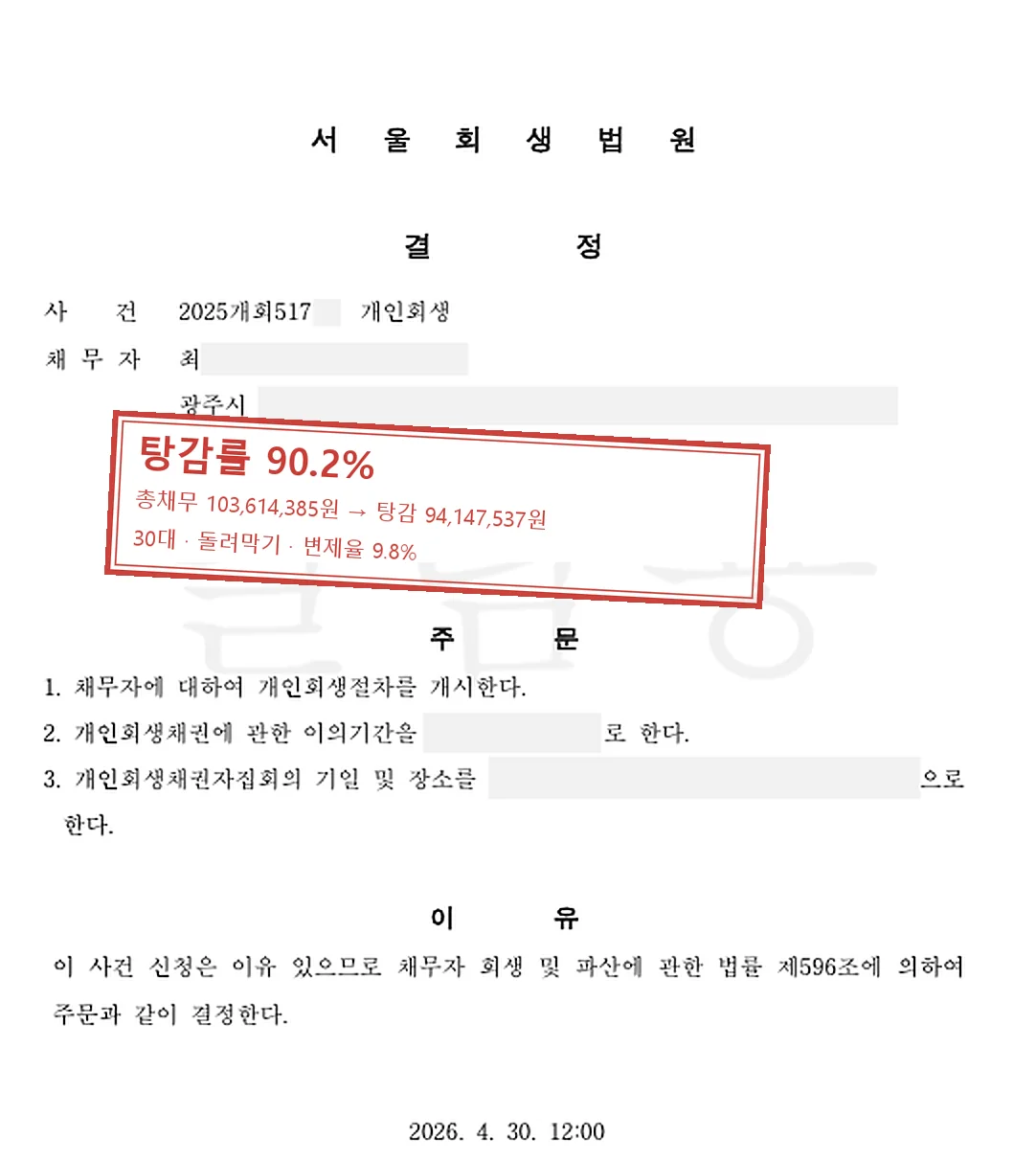 돌려막기 개인회생 인가 사례 — 탕감률 90.2%